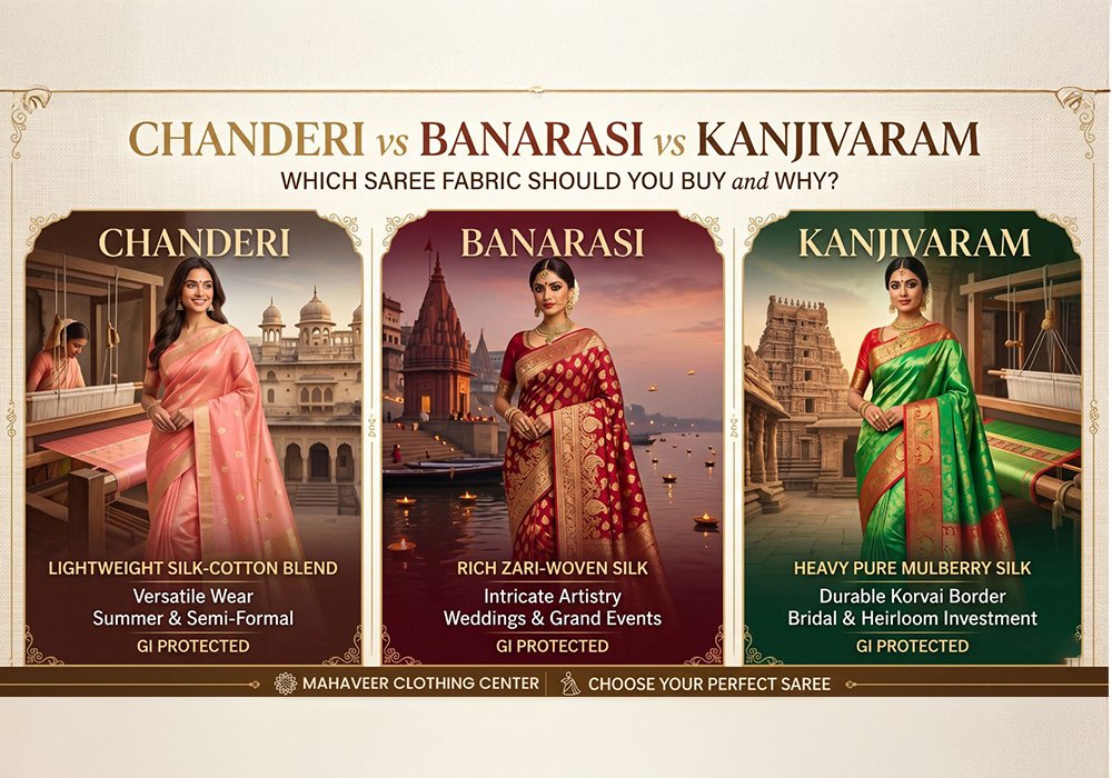 hree sarees side by side, Chanderi silk-cotton, Banarasi silk with gold zari, and Kanjivaram silk with temple border, fabric comparison guide by Spairax Garments, Kolhapur