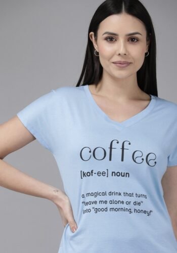 Women Light Blue Coffee Print T-Shirt