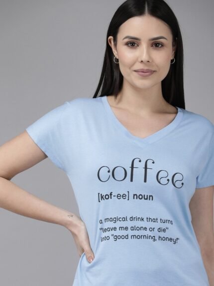 Women Light Blue Coffee Print T-Shirt