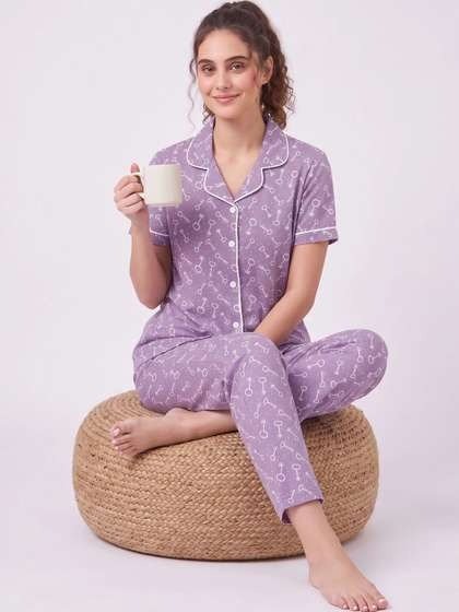 Women Lavender Printed Pajama Set