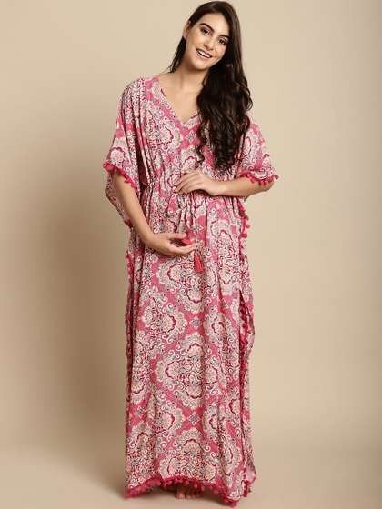 Women Pink Printed Kaftan Nightdress