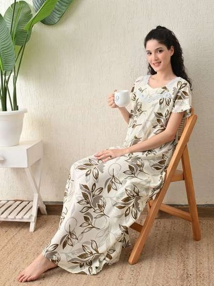 Women Leaf Print Long Nightdress